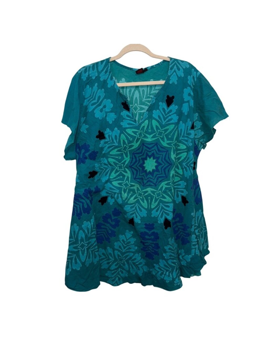 Aller Simplement Womens 3X Teal Tunic Top With V-Neck & Mandala Heart Pattern